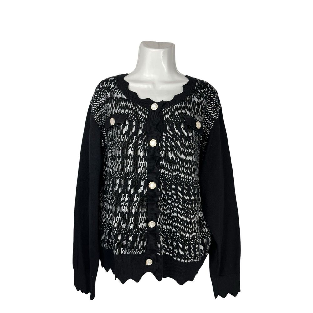SELECT TREND 3X Cardigan Women Sweater Black White Scalloped Pearl Button Office